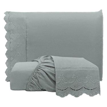 Imagem de Jogo De Lençol Queen Bordado Ingles Micropercal 300 Fios Toque De Algodão 3 Peças - Chumbo