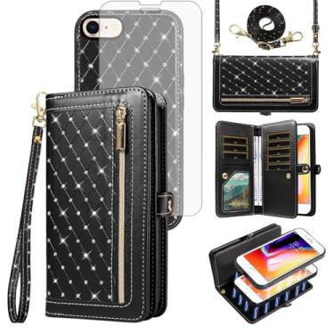 Imagem de Capa de celular para iPhone 7/8/SE 2020/2022 com zíper carteira destacável com protetor de tela, alça transversal e suporte para cartão de crédito para iPhone7 iPhone8 2/2nd/3/3ª geração feminina