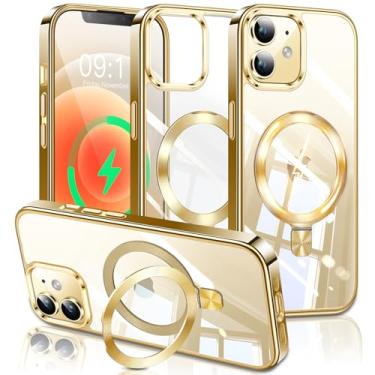 Imagem de ESTPEAK Capa de titânio dourado com suporte de CD Mag-Stand para iPhone 12/12 Pro com anel magnético invisível, [apto para MagSafe] [nunca amarela] Capa de telefone transparente para iPhone 12/12 Pro