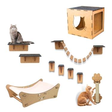 Imagem de BOXFAN Playground para Gatos, Brinquedo Pet, Bichano, Parquinho de Gato Customizável, Nicho, Ponte, Escadinha, Caminha de Chão, Prateleiras e Arranhador Sisal em Mdf