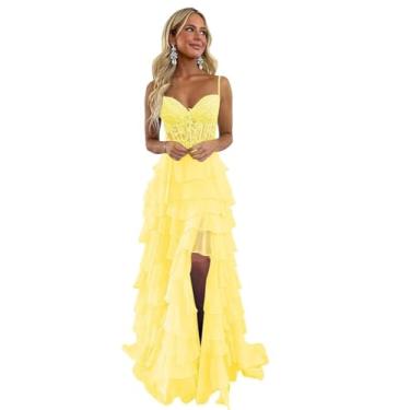 Imagem de Memphty Vestidos de formatura em camadas com apliques de renda amarela com fenda 2025 Plus Size Spaghetti Strap Corset Ruffle Chiffon Vestidos formais para noite