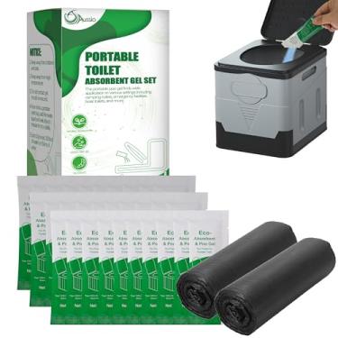Imagem de Aussio 30 peças de gel absorvente de vaso sanitário portátil com 20 peças de sacos de vaso sanitário de 12 galões, pó de urina de cocô para caminhadas, gel de poos para banheiros portáteis, pó de gesl