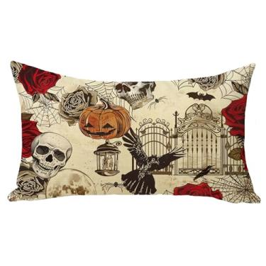 Imagem de Fjfz Capa de almofada decorativa lombar vintage Halloween 30 x 50, retangular gótico crânio corvo rosa flor decoração de casa ao ar livre, esqueleto retrô Jack O Lantern Pumpkin Couch capa de almofada