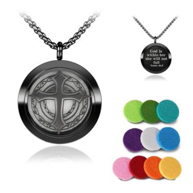 Imagem de GV77ZF Colar de óleo essencial com 10 almofadas de algodão para ioga, meditação, viagens e uso diário, pingente de aromaterapia de aço inoxidável difusor de óleo essencial joia (cruz preta), Black