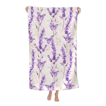 Imagem de VODRM Toalha de praia de lavanda, 81 x 132 cm, microfibra de secagem rápida, borboleta, flores roxas, flores roxas, macias, leves, sem areia, para viagens, piscina, natação, academia, decoração