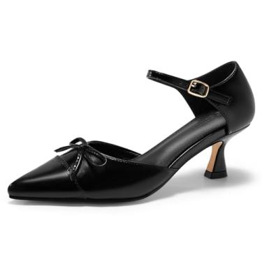 Imagem de Coutgo Sapato social feminino com laço e salto baixo, bico fino, tira no tornozelo, D'Orsay, Preto, 40