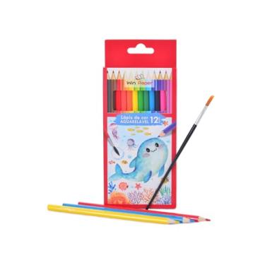 Imagem de Kit Escolar Lápis de Cor Aquarelável Win Paper 12 Cores Triangular com Pincel – Cores Vivas, Maciez e Conforto para Crianças