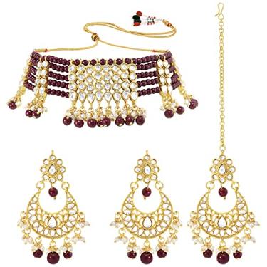 Imagem de Aheli Colar gargantilha étnica multifios banhado a ouro brinco Maangtikka conjunto de joias presente para mulheres