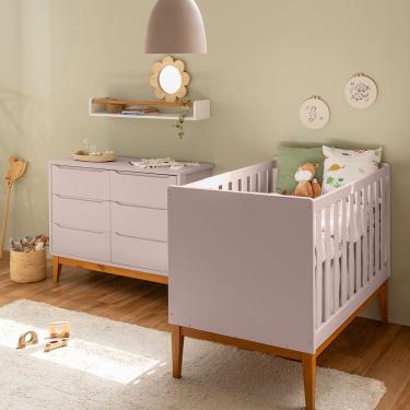 Imagem de Kit Quarto Infantil Theo com Pés Square Mel - Berço + Cômoda 6 Gavetas - Rosa