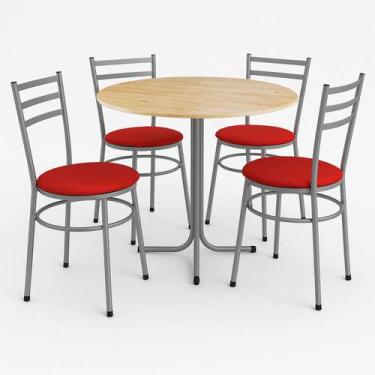 Imagem de Mesa de Jantar Redonda 80cm Pinus Com 4 Cadeiras Estofada Cinza - Lama