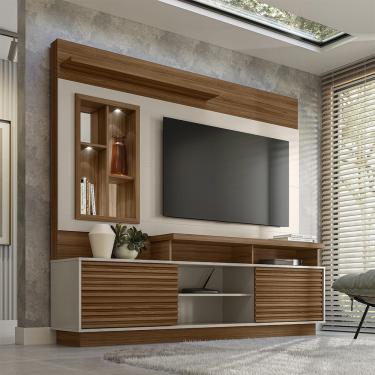 Imagem de Estante Home Ripada para TV até 60 Polegadas com LED e Espelho 2 Portas de Correr Eldorado 2.0 Linea Brasil - Jatobá/Off White