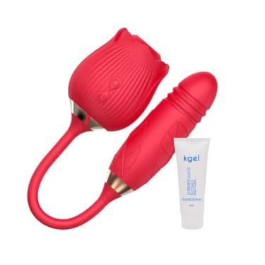 Imagem de Vibrador em Formato de Rosa Ponta Vibratória Sugador de Clitóris Recarregável mais Gel Lubrificante Kit Sex Shop