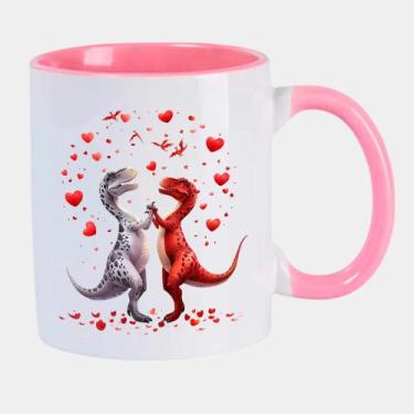 Imagem de Caneca Branca Interna Rosa de Porcelana 325ml CASAL DINOSSAUROS VALSA 