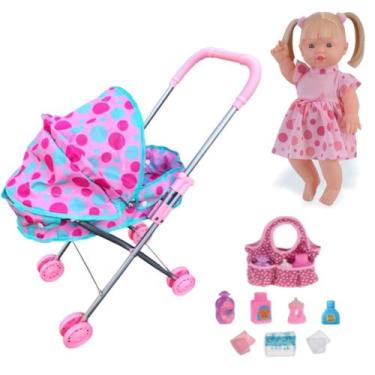 Imagem de Kit Boneca Baby Fala da Risada Carrinho Bolsinha Maternidade - DM Toys