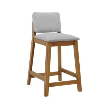 Imagem de Banqueta Média Paris Madeira Maciça Encosto Estofado - Amêndoa - Assento Estof. Linho Cinza Mescla Impermeável