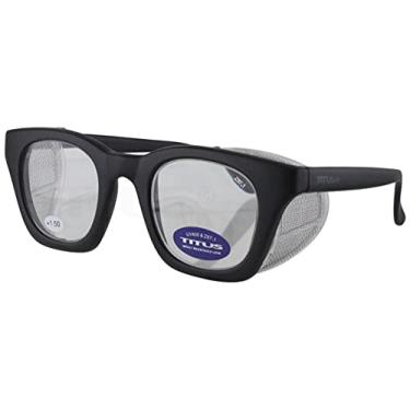 Imagem de TITUS Óculos de segurança estilo retrô G12 malha de aço inoxidável dobrável macio ou protetor lateral de cor correspondente (armação preta/lupa 1,5 x, com capa rígida ajustada)