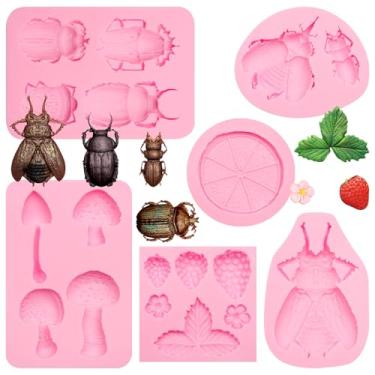 Imagem de Conjunto de 6 moldes de silicone, tema da natureza com besouros, cogumelos, cítricos, morango e folhas, rosa