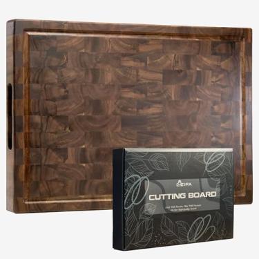 Imagem de Cozifa Tábua de corte de madeira de acácia 50 x 38 x 4 cm para cozinha, sulco de suco, alças internas, embalagem de caixa de presente. Tábua de corte de madeira de grão final com óleo de linhaça, cera