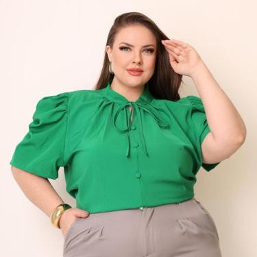 Imagem de Blusa Feminina Plus Size Gola Lacinho Manga Curta Com Botoes - Look Mo