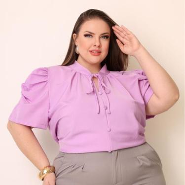 Imagem de Blusa Feminina Plus Size Gola Lacinho Manga Curta Com Botoes - Look Mo