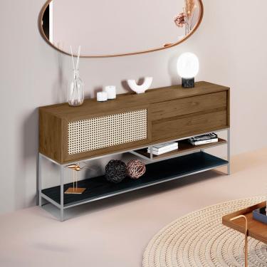 Imagem de Buffet Aparador Sala de Jantar Agnes 2 Gavetas em Madeira Maciça Castanho Metal Champagne