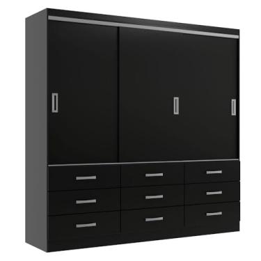 Imagem de Guarda-Roupa Casal Isabela 3 Portas 9 Gavetas - Preto Fosco Moderno | Roupeiro com Espelho e Organizador Interno