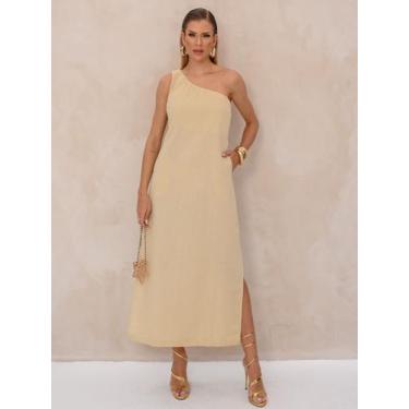 Imagem de Vestido de Linho Ombro Único com Fenda Lateral Sofisticada - Lumia, Cr