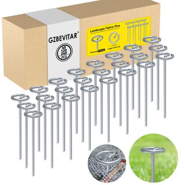 Imagem de GZBEVITAR Pinos superiores circulares, pinos de paisagem galvanizados de 15 cm, não é fácil de dobrar estacas de tecido de paisagem, mais poder de retenção do que grampos de quintal em forma de U (40)