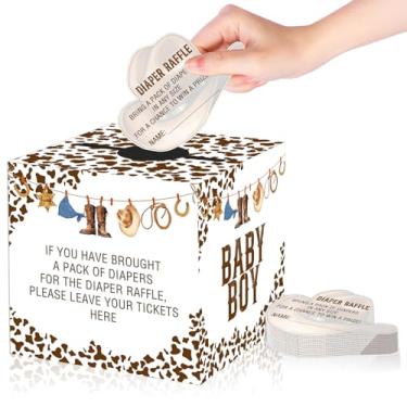 Imagem de 50 peças de decorações de chá de bebê caubói ocidental, caixa de cartão de sorteio de fraldas para jogos de chá de bebê, jogo de cartas de inserção de convite de festa revelação de gênero, suprimentos