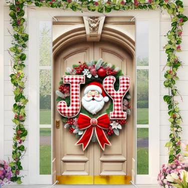 Imagem de BlissYard Capa para porta de Natal, guirlanda de boneco de neve, com letras quadriculadas, laço vermelho, 89 x 188 cm, faixa de porta de férias, suporte para cabine de fotos, decoração de festa