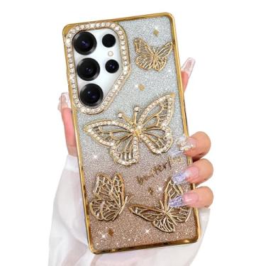 Imagem de Bonoma Capa com glitter para Samsung Galaxy S25 Ultra, linda estampa de borboleta 3D, capa traseira macia com proteção para câmera para mulheres e meninas, dourada