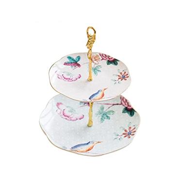 Imagem de Suporte de bolo de cerâmica com alças de metal, suporte duplo para exibição de sobremesa, suporte europeu para cupcake, bandeja de serviço de pastelaria, suporte de frutas, prato de bolo, doces