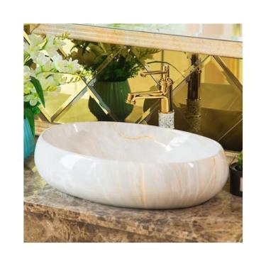 Imagem de Bacia de pia de vaso de banheiro imitação de textura de mármore pia de banheiro bacia de bancada oval banheiro banheiro lavatório de cerâmica com acessórios lavatório acima do balcão pia da vaidade