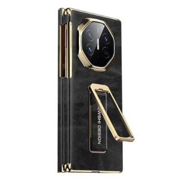 Imagem de HAOMRIYL Capa para Huawei Mate Xts, capa traseira de couro genuíno com suporte invisível com alça de pulso à prova de choque, capa de dobradiça, preta, Mate XTs