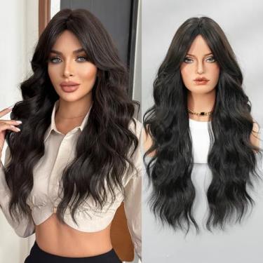 Imagem de PARK YUN Peruca preta feminina de 66 cm de comprimento, ondulada, sintética, resistente ao calor, aparência natural, parte média, com textura ondulada encaracolada para uso diário e festa