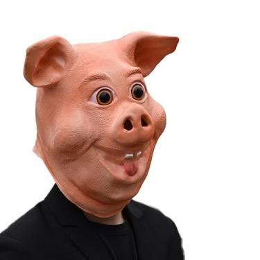 Imagem de Máscara de porco de cabeça inteira de látex, acessório de fantasia de Halloween, rosa, design realista de personagem animal, tamanho adulto