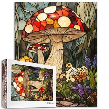 Imagem de Quebra-cabeça de 1000 peças para adultos com vitrais pintura de cogumelos mundo de cogumelos 1000 peças jogo colorido flores de vidro decoração de parede DIY artesanato quebra-cabeça cogumelos
