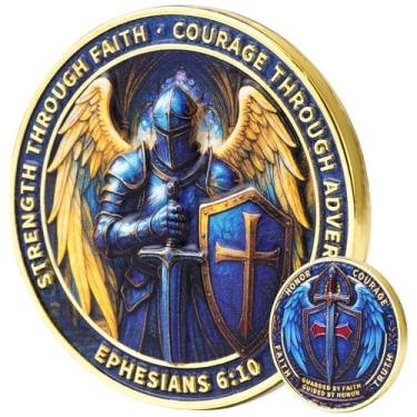 Imagem de Leafence Moeda Desafio Cavaleiro Cristão Faith, Courage & Strength Armor of God Ephesians 6:10 Guardian Angel Warrior Shield and Sword Coin for Men and Women (Cavaleiro Anjo-1 PC)