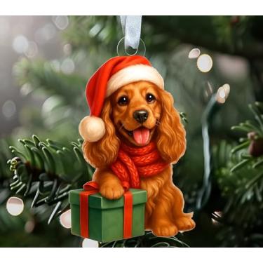 Imagem de Enfeite de cachorro Cocker Spaniel acrílico - Design de chapéu de Papai Noel e cachecol vermelho - lembrança de decoração de árvore de férias - presente para amantes de animais de estimação
