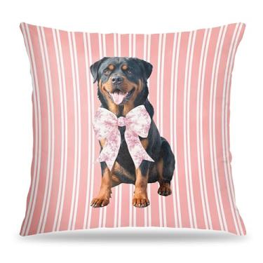 Imagem de FITIE Capas de travesseiro Coquette Pink Chinoiserie Bow Rottweiler 45 x 45, presentes Rottweiler para mulheres, rosa listrado fofo rottie cachorro decorativo capas para meninas quarto sala de estar