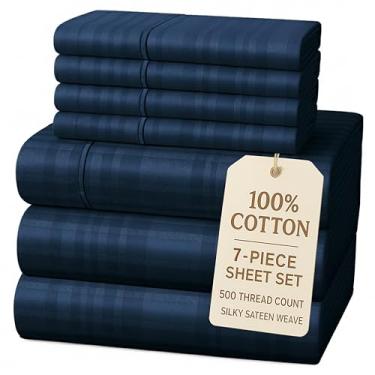 Imagem de Casa Platino Lençol King Dividido 100% Algodão - Listrado 500 TC, 7 Peças - Lençol de Cama King Dividido em Hotel de Luxo Macio e Confortável para Camas Ajustáveis, Totalmente Elástico, Sem