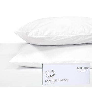 Imagem de Conjunto de fronhas padrão Royale Linen 400 fios 100% algodão cultivado americano - fronha padrão de cetim de luxo - 51 x 66 cm - Conjunto macio e suave de 2 fronhas brancas - (padrão, branco