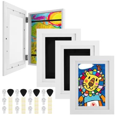 Imagem de DJAPWPX Moldura de arte infantil, 4 peças, branca, 24 x 33 cm, retangular, suporte de parede, minimalista, cavalete traseiro, vertical, moldura de madeira, acabamento pintado, comporta 50 a 100 obras