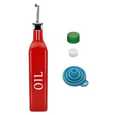 Imagem de 1 garrafa dispensadora de azeitona de 500 ml, conjunto dispensador de óleo de vidro e vinagre de 500 ml com 1 dosador de aço inoxidável, frascos de funil para cozinha (óleo vermelho)