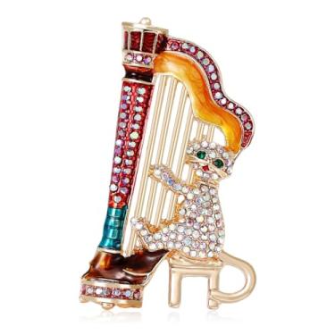 Imagem de Broche de gato harpa vermelha com strass para mulheres banhado a ouro moda AB cristal pequeno bonito desenho animado música gatinho broches alfinetes de lapela terno colarinho vestido acessórios Natal