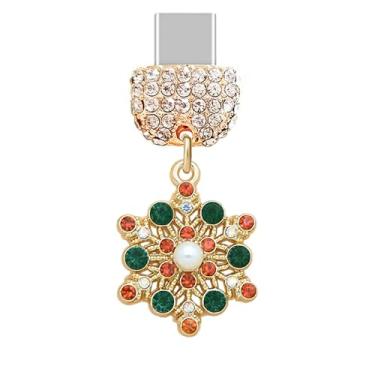 Imagem de ELISE & FONDA TP902 Tipo-C porta de carregamento cristal antipoeira pingente de celular pequeno floco de neve de Natal para iPhone 15/16/Samsung/OnePlus/Xiaomi/oppo telefones Android (vermelho e verde