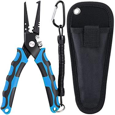 Imagem de Sougayilang Alicate de pesca, ferramentas de pesca de aço inoxidável 420, equipamento de pesca resistente à água salgada com alça de borracha, bainha e cordão, cortadores de carboneto de tungstênio