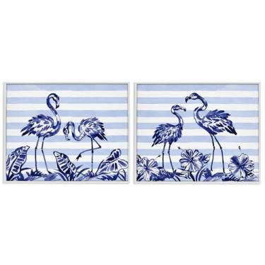 Imagem de Stupell Industries Conjunto de arte giclée emoldurado branco de 2 peças com pincelada flamingos e listras, design de Paul Brent, 61 x 76 cm