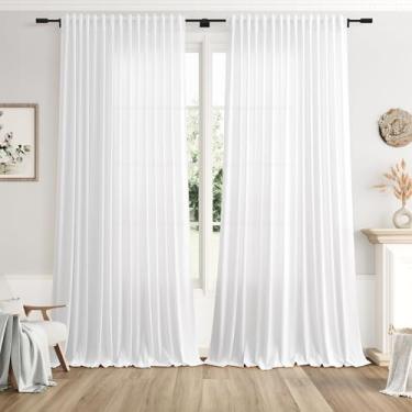 Imagem de Cortinas de linho extra largas para sala de estar de 300 cm de comprimento para divisória de quarto, cortina branca rústica para casa de fazenda, bolso traseiro para varão, cortinas semitransparentes