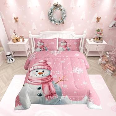 Imagem de Feelyou Conjunto de edredom infantil com boneco de neve rosa, tamanho solteiro, para decoração de quarto de meninos, meninas, adolescentes, Natal, floco de neve, feliz ano novo, inverno, neve, edredom